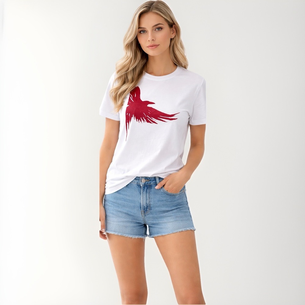 Ganmia White Round Neck T-Shirt Eagle Print Tee Size L